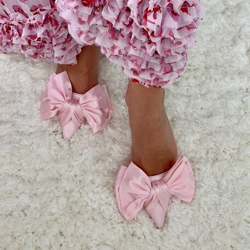 Pink Bow Pointed Toe Slip-On Heels - Picture 2 of 7